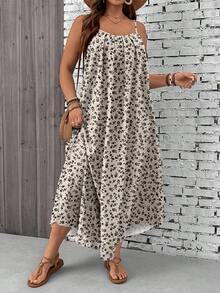 EMERY ROSE Plus Size Pattern Spaghetti Strap Backless Vacation Style Loose & Comfortable Dress,Beach Dress Sundress,Holiday Outfits Boho - Khaki - View 3