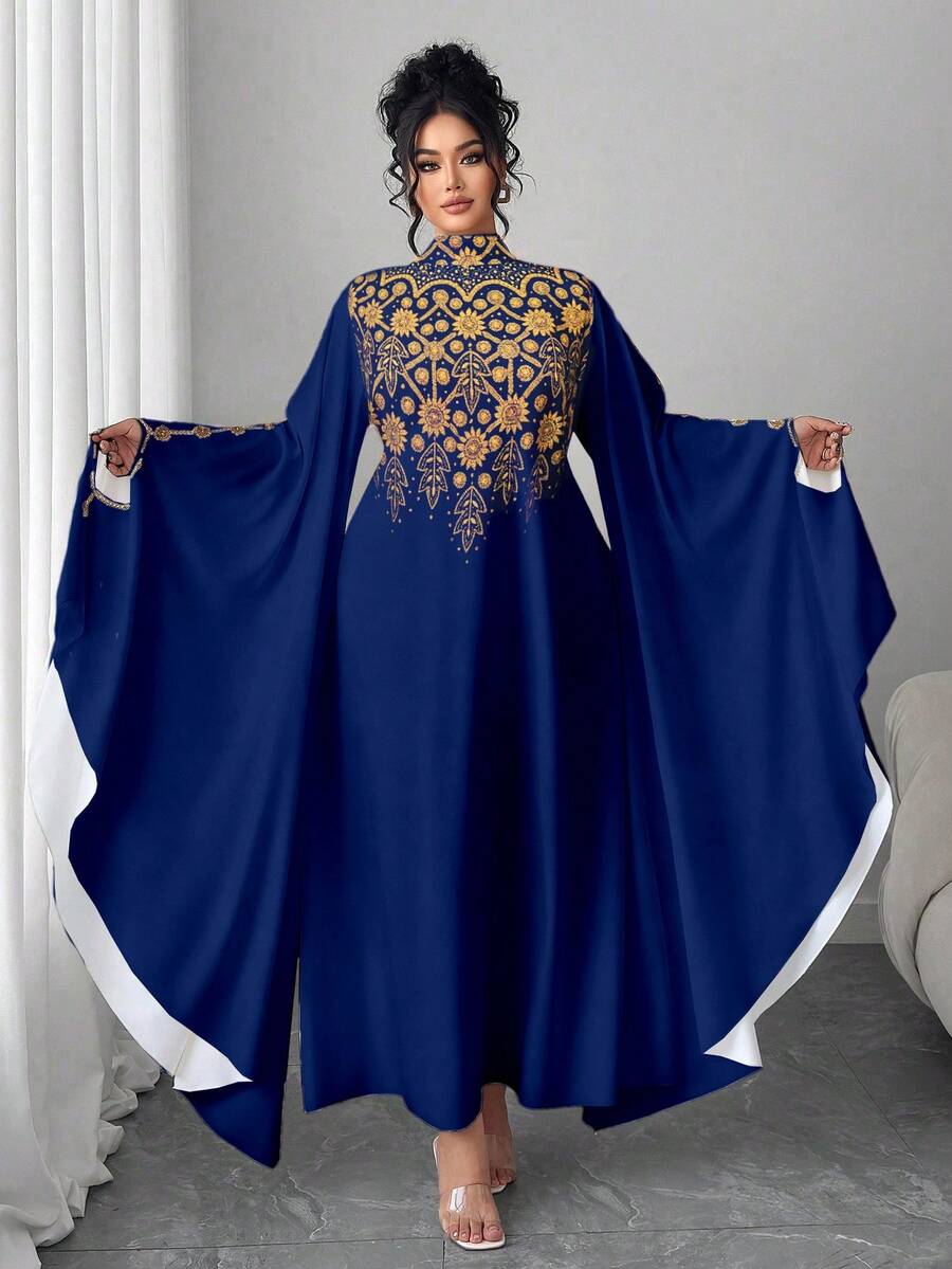 Elenzga Đầm maxi cổ đứng in họa tiết đơn giản, dáng rộng thanh lịch, cổ điển, tay dài, dành cho nữ, màu tối, thời trang nữ tính (Thẩm mỹ thứ tư), mùa thu - Màu xanh hải quân - Xem 1