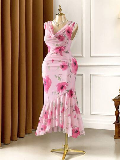 Rometta Plus Size Women Elegant Knitted Sleeveless Mesh Floral Print Double Layer Dress