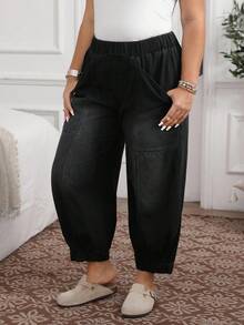 EMERY ROSE Plus Size Casual Fashion Everyday Washed Elastic Waist Jeans Casual Street Patchwork Pocket Loose Wide Leg Jeans Women Jeans Baggy Loose Jeans Barrel Leg/Barrel-Leg Jeans - Black - View 6
