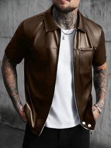 SLATEMANN Men's Loose Fit PU Leather Front Zip Short Sleeve Brown Shirt, Streetwear - Brown - View 3