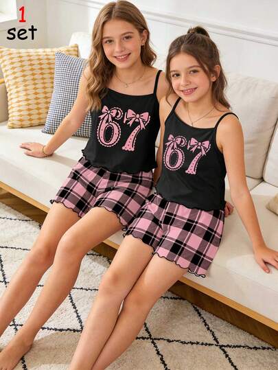 2pcs/Set Teen Girls Pajamas, Minimalist Fashion New Design 67 Bow Camisole Top & Plaid Shorts Casual Comfortable 4-Piece Sleepwear Set