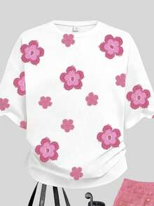 复古学院风花卉图案，少女休闲简约短袖圆领T恤短裤两件套，适合春夏日常、居家、上学等场合，春夏穿搭，时尚童装，休闲服饰，儿童花卉图案服装，春夏时尚，春夏服装 - 彩色 - 查看 3