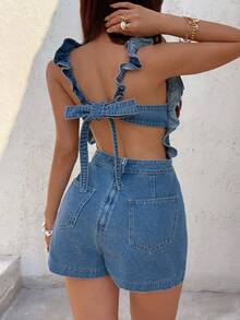 Sunnyshic Bow Tie Backless Ruffle Hem Denim Romper - Blue - View 1