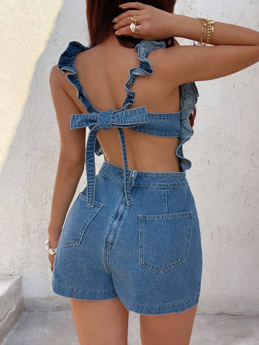 Sunnyshic Bow Tie Backless Ruffle Hem Denim Romper - Blue - View 1