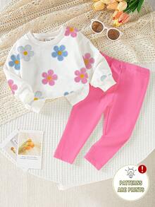 2 件套年轻女孩休闲花卉印花白色圆领运动衫和粉色裤子套装，秋冬 - 彩色 - 查看 1