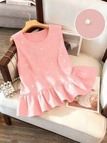 GlowEve CURVE Plus Size Women's Faux Pearl Decor Vintage Luxury Elegant Casual/Business Commute Vest - Dusty Pink - View 3