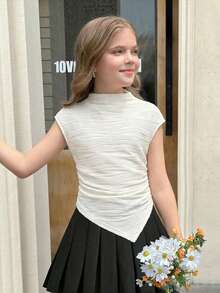 SHEIN 少女优雅纹理不对称下摆T恤，夏季 - 白色 - 查看 2