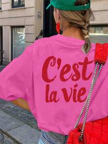 Women's Round Neck Letter Print Casual Versatile Daily Wear T-Shirt - Hot Pink - View 1