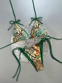 Swim Vcay 2pcs Leopard Print Bowknot Sexy Women Bikini Set, Halter Tankini Swimsuit Zebra Bikini Zebra Print Swimsuit Zebra Print Bathing Suit Animal Print Bikini - Multicolor - View 1
