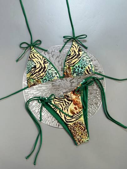 Swim Vcay 2件套豹纹蝴蝶结性感女士比基尼套装，挂脖式吊带泳衣