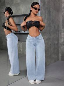 SHEIN ICON Quần jeans cạp thấp dáng chữ V, kiểu dáng thường ngày, đã qua xử lý giặt. - Rửa nhẹ - Xem 6