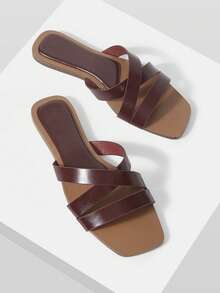 Mnmlis Two-Color Square Toe Minimalist Casual Daily Wear Spring And Summer Beach Flat Sandals - Burgundy - View 5