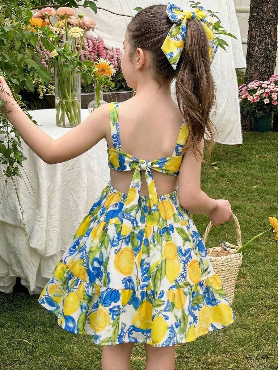 LMoss Kids 年轻女孩热带水果图案可爱休闲方领泡泡袖露背蝴蝶结喇叭裙 - 綠色 - 查看 1