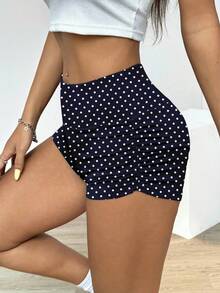 SHEIN EZwear 女士纯色褶皱骑行短裤，夏季骑行、瑜伽运动蓝白波点印花波点短裤泳衣高腰收腹女士短裤 - 彩色 - 查看 3