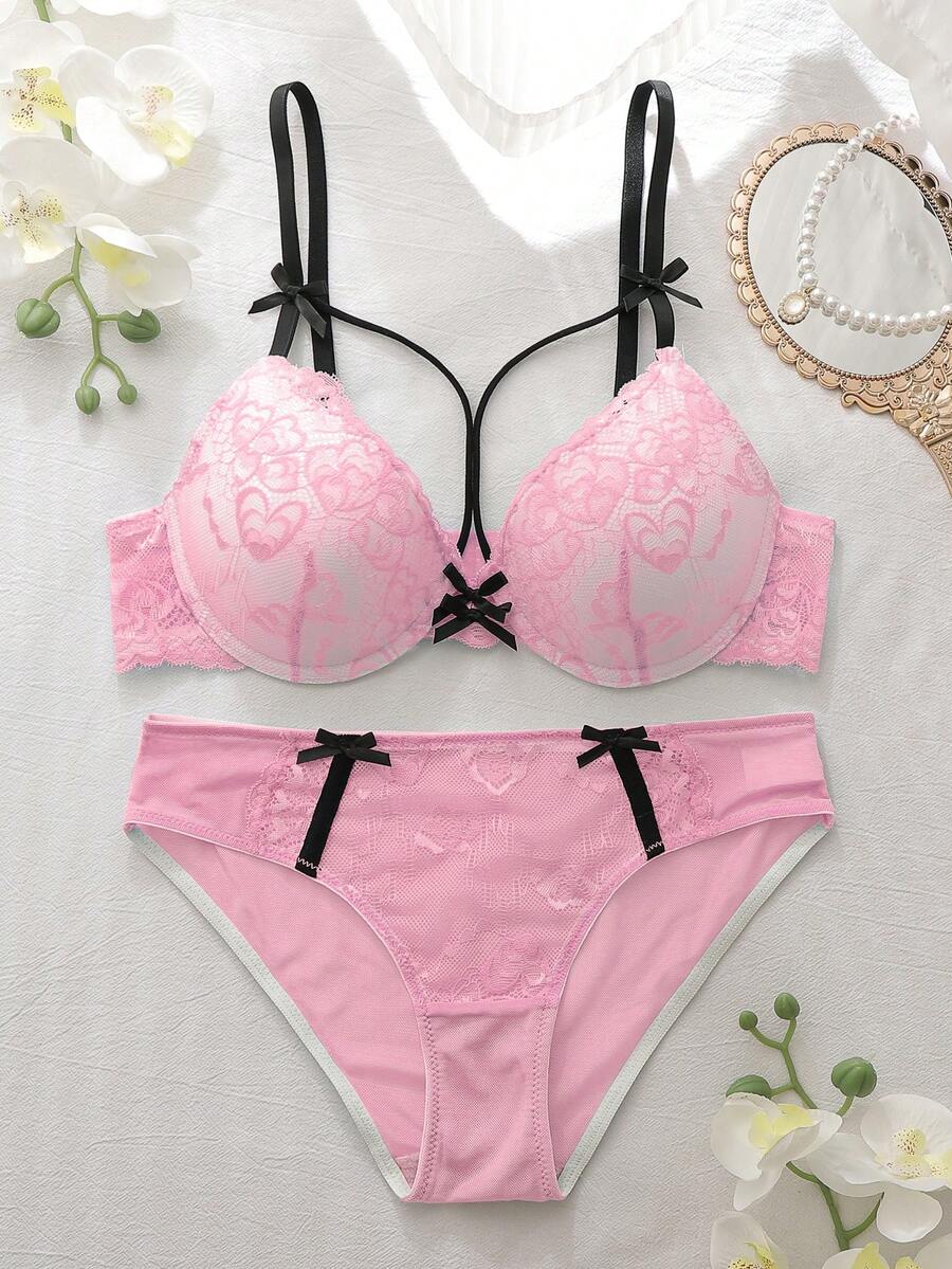 DelicateAllure 2pcs Underwire Padded Bra Set, Lace Patchwork, Ruffle Trim, Heart Floral Lace, Cute & Fresh Comfy Balconette Lingerie Set For Women Push Up Bra And Panty Sets Lingerie Set Push Up Bra And Underwear Sets Bra Sets For Women Lingerie For Women Sets - Pink - View 1