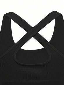 Sujetador deportivo sin costuras de unicolor con espalda cruzada, sujetador deportivo para mujeres - Blanco y Negro - Ver 4