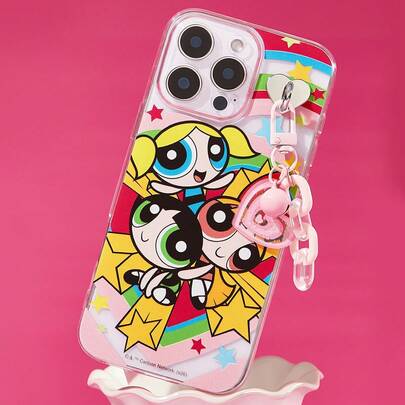 THE POWERPUFF GIRLS X SHEIN 花朵、泡泡、绒毛图案彩绘时尚吊坠，搭配闪亮手机壳