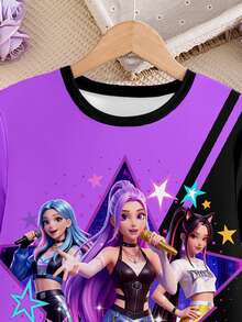 Girl Group Digital Print Colorblock Purple & Black Short Sleeve T-Shirt Dress, Fashionable Casual Suitable For Spring/Summer - Hot Pink - View 4