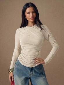 SHEIN BAE Women's Solid Color Ruched Long Sleeve Fitted Fashion T-Shirt - Apricot - View 4