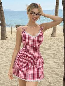 MainGRL Plaid Strap Women's Mini Dress - Red - View 1