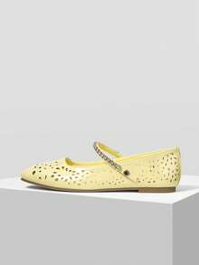 MOTF ZAPATOS TIPO MARY JANE PARA MUJER CON TACÓN CUADRADO HUECO ADORNADO CON CRISTALES ESTILO RETRO, TRANSPIRABLES Y CÓMODOS PARA USO CASUAL Y ELEGANTE, TIPO MOCASÍN DE FÁCIL PUESTA - Amarillo ganso - Ver 3