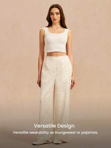 LUVLETTE Cream Satin Wide-Leg Sleep Pants - Pattern Lounge Trousers Elegant Home Wear Culotte Pyjama - Apricot - View 8