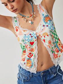 Soleia Women's Floral Print Contrast Lace Sleeveless Top - Multicolor - View 3