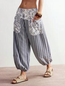 Bohemela Women's Casual Printed Loose Woven Pants Boho Pants For Women Wide Leg Pants Woman Pants For Women Casual - Blue - View 4