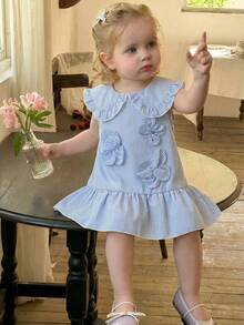 SHEIN 女童夏季连衣裙，可爱女婴连衣裙，彼得潘领，无袖公主裙 - 藍色 - 查看 9