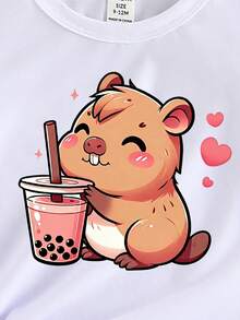 春夏少女休闲时尚创意个性清新简约可爱卡通水豚、珍珠奶茶、爱心图案印花宽松基础款短袖T恤，舒适日常穿着 - 白色 - 查看 4