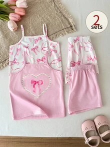SHEIN 女婴蝴蝶结印花吊带背心和短裤休闲套装 - 彩色 - 查看 2