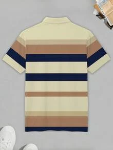 Manfinity Homme 商务休闲男士黄棕蓝条纹Polo衫，成熟风格胸前字母Logo休闲短袖上衣，休闲商务撞色领短袖T恤，男士撞色条纹领Polo衫，简约质感，适合作为礼物送给亲朋好友 - 彩色 - 查看 2