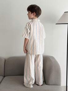 DAZY 男童条纹短袖纽扣上衣和裤子睡衣套装 - 藍色 - 查看 5