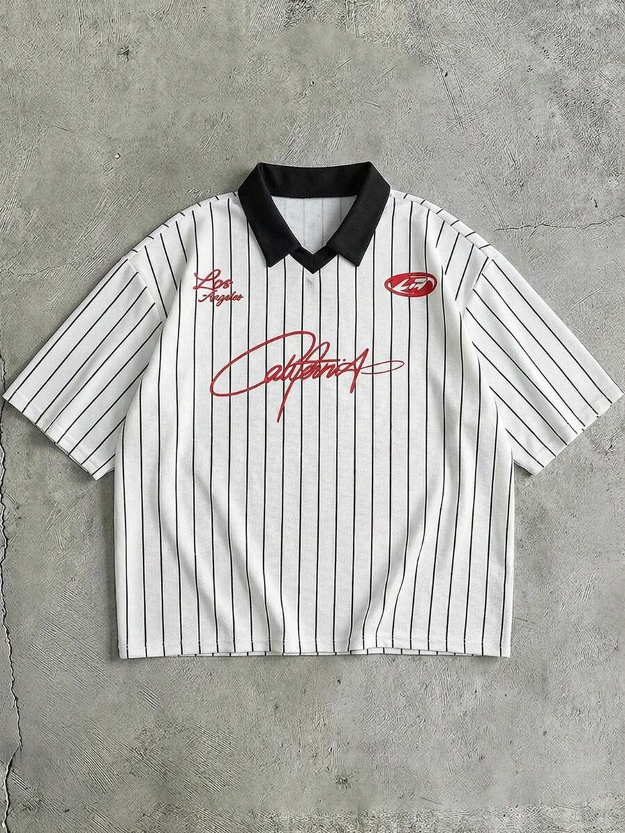 AXEPEAK 男士条纹字母印花休闲百搭通勤短袖Polo衫