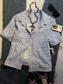 SHEIN Áo sơ mi nữ tay ngắn kẻ caro phong cách retro, cổ polo, kiểu dáng thoải mái, phù hợp mặc hàng ngày, đi học, làm quà tặng bạn bè hoặc phối đồ. - Nhiều màu - Xem 4