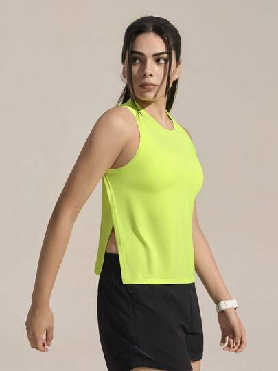 Exploreva Áo tank top nữ không tay màu vàng neon xanh lá cây xẻ tà dành cho thể thao ngoài trời.