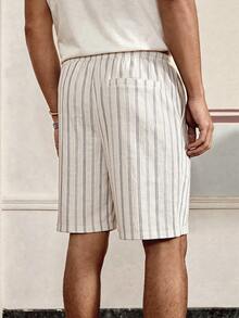 SWAVVY 男士条纹抽绳腰带休闲百搭日常短裤 - 杏色 - 查看 7