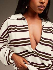 Denimoi Áo Polo tay dài cổ chữ V dáng rộng, kiểu dáng đường phố, thích hợp cho mùa thu đông. - Nhiều màu - Xem 2