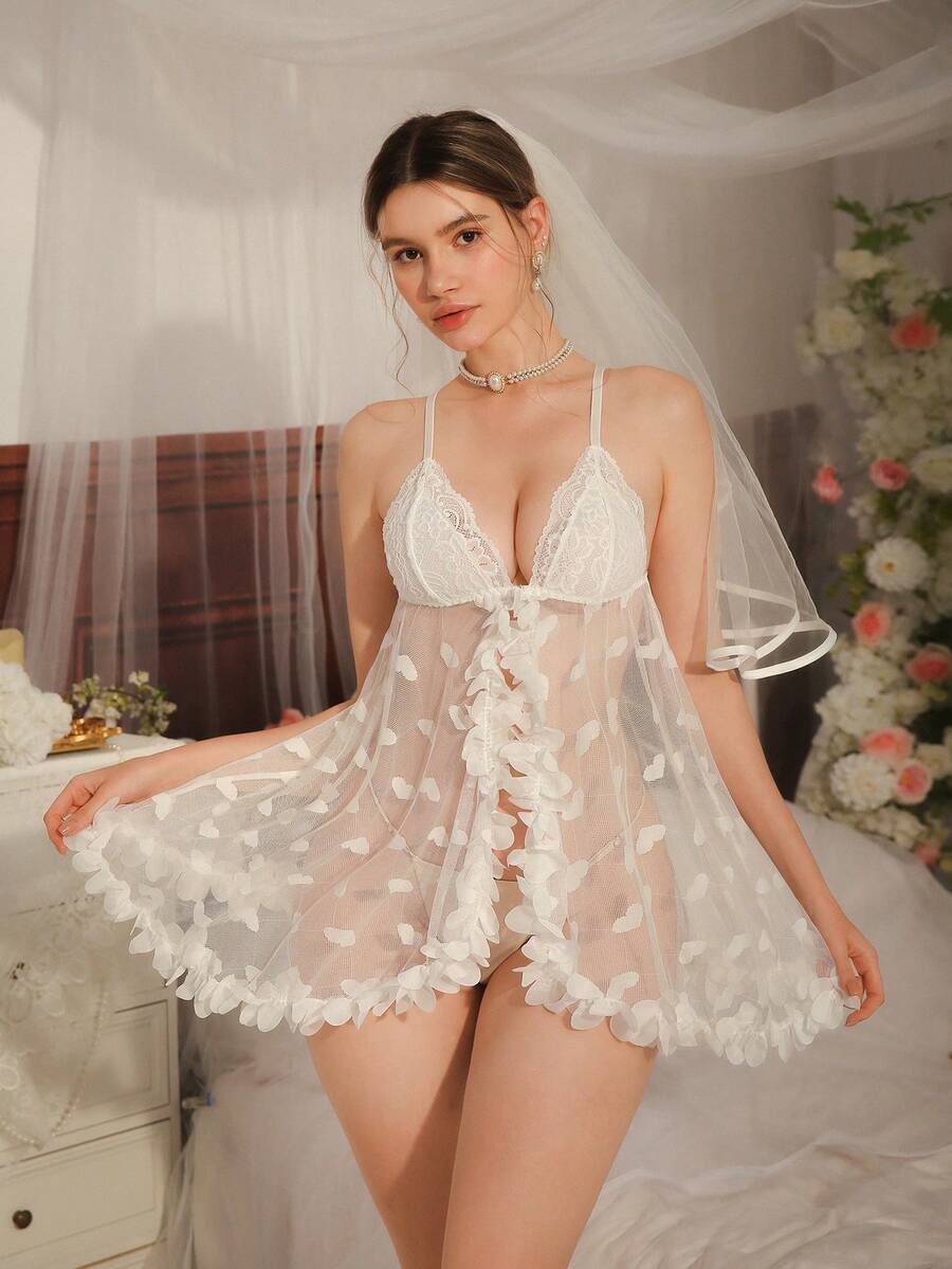 DelicateAllure Đầm ngủ nữ màu trắng phối lưới hình trái tim bằng vải chiffon, viền ren trang trí hoa, đầm ngủ gợi cảm, đầm hai dây ngắn thanh lịch. - trắng - Xem 1