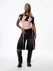 SUMWON WOMEN Womens Off Shoulder Graphic Print Top Ruched Fitted Short Sleeve Casual Spring Summer Fashion Statement Tee - Baby Pink - View 6