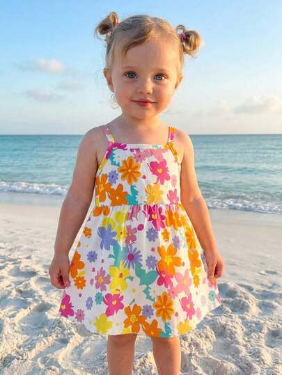 SHEIN Playful Pals Baby Girls Colorful Floral Print Contrast Knit Cute Comfortable Cami Dress, Summer