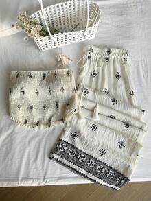 SHEIN EZwear 大尺碼女款夏季度假波西米亞風抹胸上衣與長褲套裝，居家穿著亞麻罩衫兩件套波西米亞洋裝 - 杏色 - 查看 4