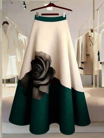 Franclia Chân váy chữ A cạp cao dành cho nữ, thiết kế in kỹ thuật số, dáng rộng thoải mái và đa năng, phù hợp cho trang phục thường ngày.