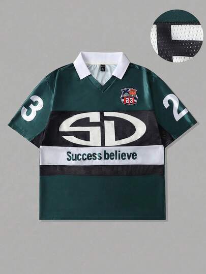 ROMWE MEN Camisa polo deportiva de malla y parches para hombre, jersey de manga corta