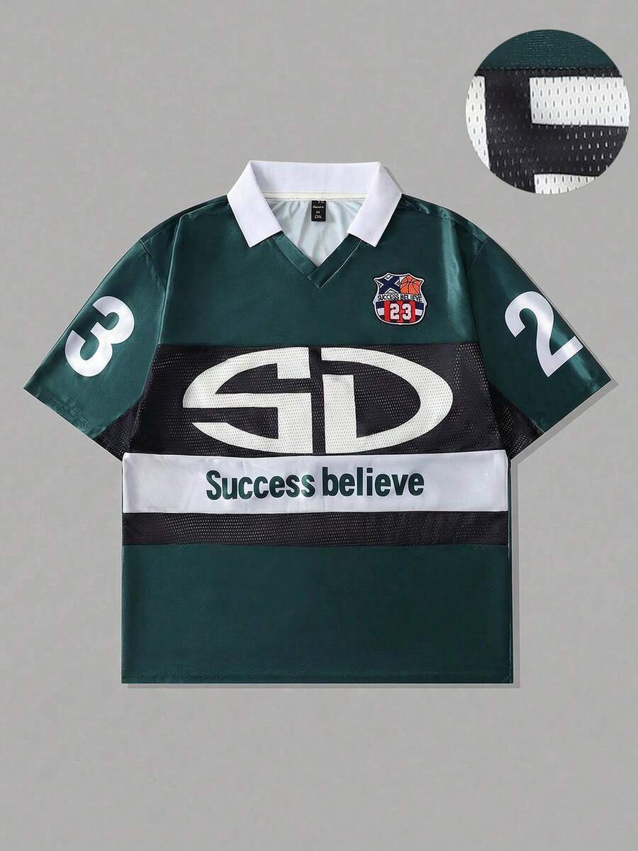 ROMWE MEN Prep Áo polo thể thao nam tay ngắn phối lưới, chất liệu jersey. - màu xanh lá - Xem 1