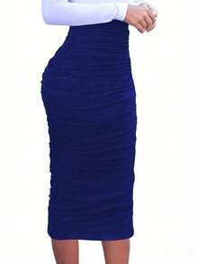 INAWLY Plus Size Women Navy Blue Solid Color Elastic Waist Pleated Mid-Length Soft & Comfortable Fitted Sexy Skirt Ruched Bodycon Skirt - Royal Blue - View 4