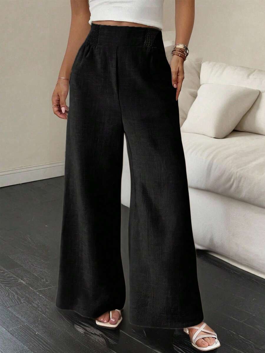 SHEIN Essnce 夏季裤子女士条纹抽绳腰直筒宽松休闲裤 - 黑色 - 查看 1