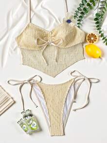 Swim SXY 女士春夏网纱背心吊带比基尼碎花泳衣套装，性感沙滩泳装 - 杏色 - 查看 7