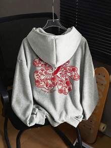 SHEIN EZwear 女士休闲连帽卫衣，浅灰色卫衣，芙蓉花印花，女士沙滩卫衣，海洋元素印花 - 淺灰色 - 查看 3